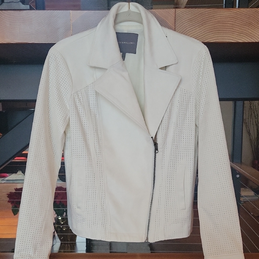 White Perforated Suede Moto Jacket